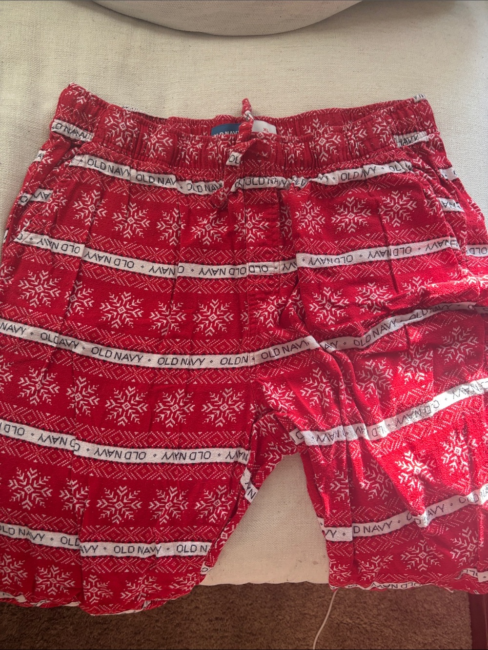 Old Navy Red Snowflake Print Lounge Shorts with Logo Trim